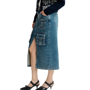 Ventes en gros de mode, jupe en jean pour femmes, plusieurs poches, fente avant, jupe longue indigo pour femmes grandes tailles - Product Image 5