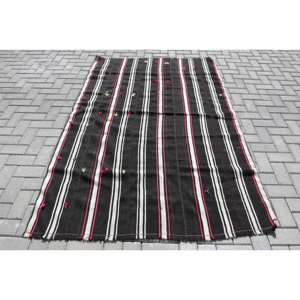 Alfombra tradicional de lana de retazos en blanco y negro de 4,9x7,3 pies, diseño turco clásico para entrada, mesita de noche, pasillo rectangular - Product Image 1