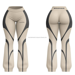 Pantalones acampanados elásticos de poliéster y spandex de primera calidad, 260 GSM, color beige, tela suave con paneles laterales curvos en contraste, estampado por sublimación - Product Image 2