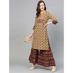 Ensemble droit Kurta & Sharara imprimé floral en coton moutarde pour femme - Product Image 3