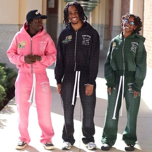 Vintage Wash Tracksuit Sweatsuits Custom Applique <b>Embroidery</b> Heavy Cotton Men 2 Piece Rhinestone Sweatpants and Hoodie <b>Set</b> - Product Image 2