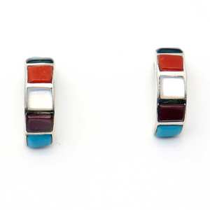 Chavez Multi-Color Zuni Inlay Hoops Boucles d'oreilles mignonnes en argent sterling plaqué or avec lunette pour cadeau - Product Image 2