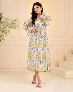 Crêpe Soie Casual Robe D'été Jaune Vert Floral Feuille Imprimer Cloche Manches Naturel Taille Écologique Respirant Lavable - Product Image 4