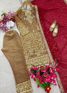 TENNECY Girls' Fancy Jimmy Silk Embroidery Sequin Work Top & Bottom with Dupatta in <b>Wine</b> Color - Product Image 5