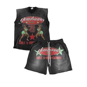 Fabricación de fábrica de alta calidad al por mayor 300 GSM 100% algodón Jersey camiseta sin mangas hombres lavado ácido pantalla impresa conjunto corto - Product Image 1