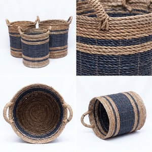 Natural Banana Bark Recycled <b>Plastic</b> <b>Basket</b> Set Black Stripe Coiled Cylinder Arch Handle Pot Planter Pure Art Setup Room Decor - Product Image 3