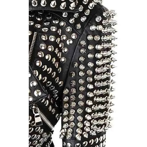 Veste de motard en peau de mouton respirante pour femme, personnalisée, en coton tricoté, avec rivets et clous, coupe ajustée, vente en gros - Product Image 5