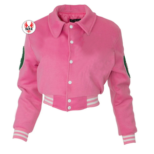 Veste universitaire Alpha Kapa pour femmes, corps en cachemire vert, manches roses, vêtements grecs noirs, veste universitaire de sororité - Product Image 2