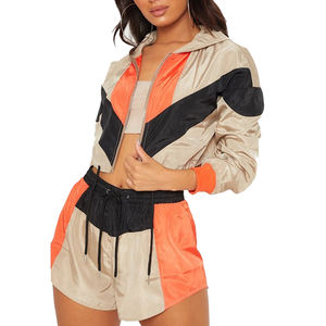 Veste à fermeture éclair de culture de pluie de couleur unie Shorts survêtements femmes Shorts coupe-vent ensembles dames Style de rue combinaisons de pluie - Product Image 1