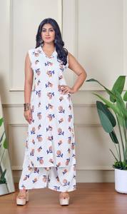 Meilleur ensemble Kurti sans manches imprimé pour femmes avec pantalon Palazzo, mode ethnique pour femmes, Kurtis imprimés pour filles - Product Image 4