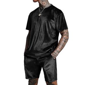 Ensemble court en velours noir avec logo personnalisé, survêtement d'été, jogging respirant en coton, vêtements de sport de plein air, t-shirt en velours, shorts - Product Image 3