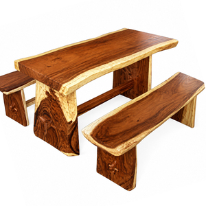 Solid Suar Wood Live Edge 3-Piece <b>Dining</b> <b>Table</b> <b>Set</b> 2 Benches Modern <b>Rustic</b> Style Premium Quality Natural Edge <b>Dining</b> Wholesale - Product Image 1