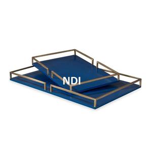 Lot de 2 plateaux de service en métal plateau de service alimentaire café thé plateau de service Design fait à la main vente chaude Style de luxe finition bleue - Product Image 1