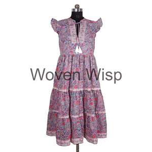 Superventas Jaipuri Floral Midi vestido de algodón bloque de mano impreso cuello en V verano primavera estilo hecho a mano botón gran regalo para - Product Image 1