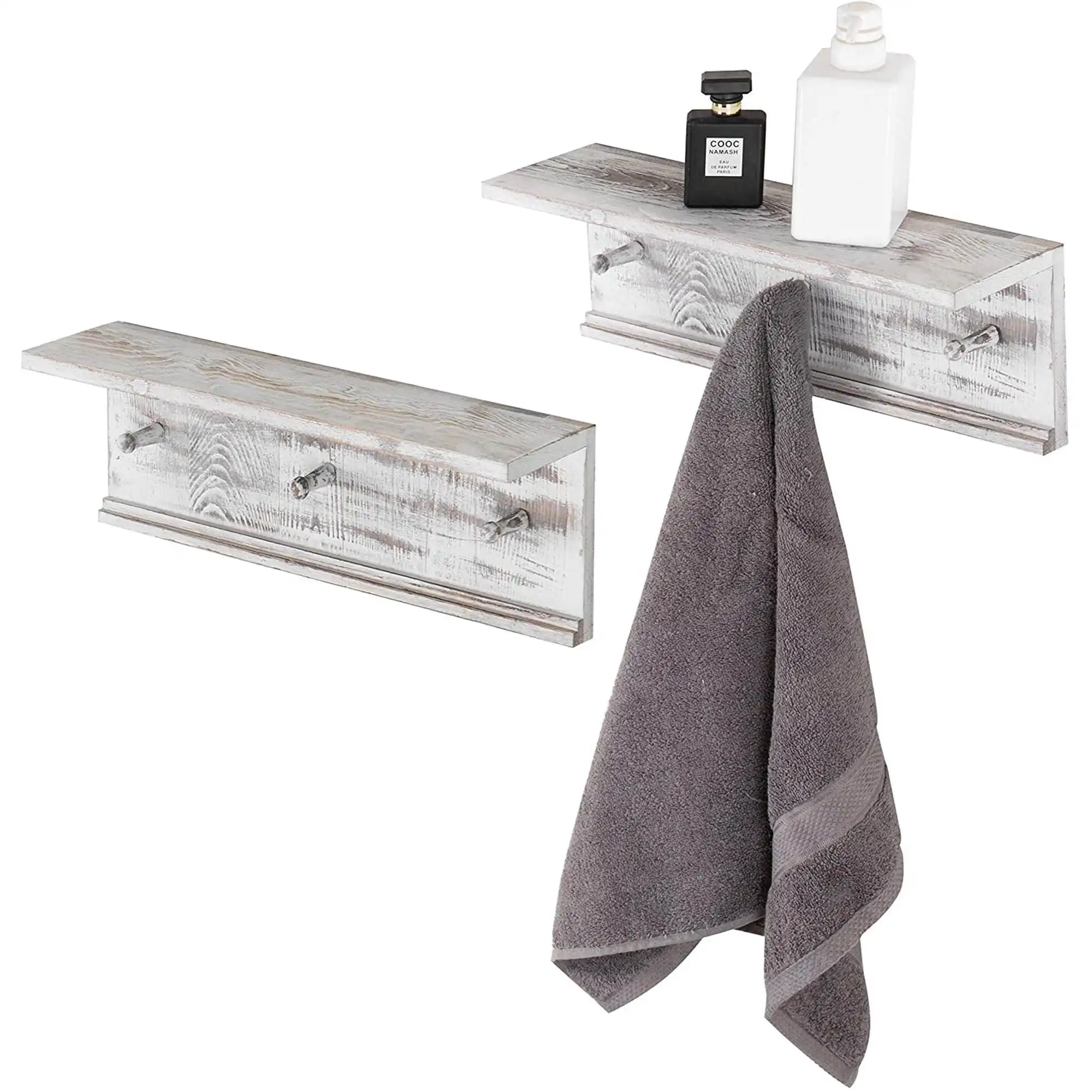 Bathroom wall mounted organizer shelf with towel hooks multi-functional wooden shelf