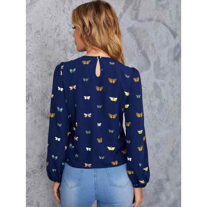 Women's Long Sleeve Butterfly Print Navy Blue Diver Blouse
