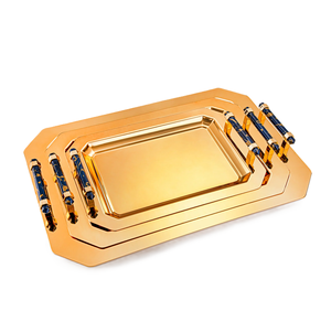 Stainless Steel <b>Gold</b> Finishing Wholesale Rectangle Shape SET of 3 With Handle Modern Design High Quality Food <b>Serving</b> <b>Tray</b> - Product Image 1