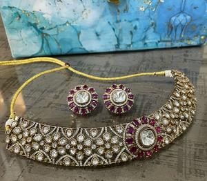 Best Quality Gold Plated <b>Moissanite</b> Kundan Stones Look <b>Necklace</b> Set With Earrings for Wedding Wear Collection For Women Girls - Product Image 1