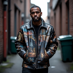 Chaquetas con cremallera completa para motocicleta de cuero genuino con estampado digital personalizado para Hombre | Chaqueta de motorista de cuero de oveja sublimada para hombre - Product Image 1