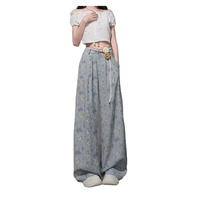 Jeans baggy pour femmes à taille haute, imprimé floral, jambe large, denim respirant, séchage rapide, tendance