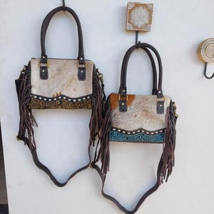 Handmade Large Cowhide Tote <b>Shoulder</b> Bag Genuine Leather with Tooling Patch and Matching <b>Straps</b> Portable Mid Hairon Design - Product Image 1