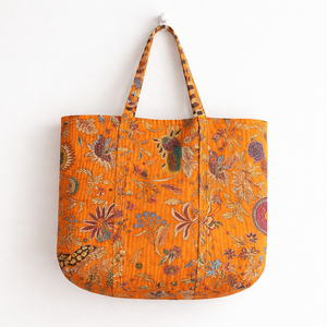 Saffron Bloom Artisan Carryall Bohemian Quilted Floral Tote Bag <b>Handbag</b> with handblock printed fabric bag Indian textile - Product Image 1