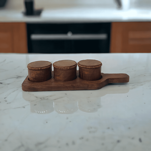 Ensemble de plateau de service de cuisine en bois de manguier brun noyer naturel à la mode indien sculpté à la main 3 boîtes personnalisé maison hôtel fête miel louche - Product Image 1