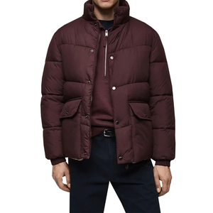 Burgundy Puffer <b>Jacket</b> <b>Men's</b> Utility Winter Coat with Stand Collar Snap Button Closure & Flap Pockets Oversize Puffer <b>Jacket</b> - Product Image 1