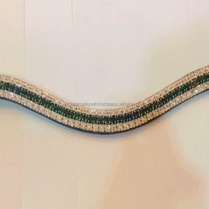 Uxury-Cadena de diamante brillante hecha a mano, banda de piel auténtica de alta calidad para la frente de caballo, 5 filas de cristales transparentes y verde esmeralda - Product Image 5