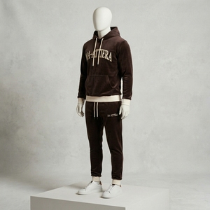 <b>Mens</b> Dark Brown Hoodie Tracksuit Set Cream Contrast Hem <b>Pullover</b> Sweatshirt Jogger Pants Casual Sportswear Gym Training - Product Image 3