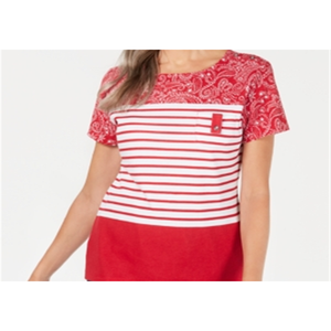 Top a scollo rotondo a righe rosse Karen Scott XS con bandana, traspirante - Product Image 3