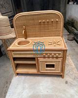 Meilleur choix : Ensemble de cuisine en rotin pour enfants avec évier, cuisinière et étagère, mobilier de jeu naturel pour tout-petits, jeu d'imitation et rangement