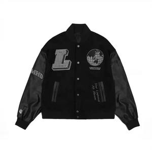 American Style Embroidered Lapel Baseball Cap Splice Pu Leather <b>Jacket</b> for Men <b>Women</b> Casual Loose Fit <b>Jacket</b> - Product Image 1