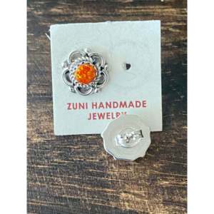 Zuni Handmade Orange Opal & <b>Sterling</b> <b>Silver</b> Flower <b>Stud</b> Earrings Bezel Setting for Gift - Product Image 5