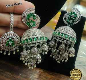 Ensemble de boucles d'oreilles de mariée Jhumki avec Maang Tikka en diamant américain pour femmes Bijoux de fête traditionnels Argent Rose Rose Jhumkas - Product Image 5