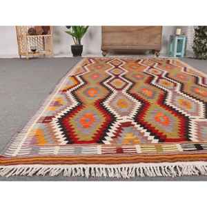 พรมคิลิมขนาด 5.2x9.3 ฟุต พรมตุรกีโบราณ พรมลายดอกไม้สีแดงส้ม - Product Image 5