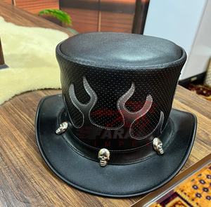 Chapeau haut de forme Steampunk en cuir noir personnalisé avec crâne clous flamme Design chapeau de motard gothique pour hommes femmes Cosplay fête Festival porter - Product Image 5
