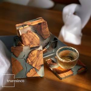 High Demanded Epoxy Resin <b>Coaster</b> Set, Elegant Colorful Square Stone <b>Drink</b> <b>Coasters</b> with Non-Slip Base for Dining Table - Product Image 1