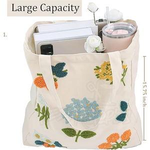 Sac fourre-tout brodé à la main pour femmes fourre-tout en toile florale fait à la main 100% conception de point de main personnalisé fabriqué au Pakistan - Product Image 4