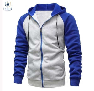 INDEX APPAREL เสื้อสเวตเชิ้ตมีฮู้ดซิปสำหรับผู้ชาย แขนเสื้อแบบแร็กแลน สีเทา สีฟ้า ลำลอง ถักทอ ใส่ได้ในฤดูใบไม้ร่วง ทรงปกติ - Product Image 1