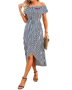 Vestido largo informal de verano a rayas con hombros descubiertos, traje playero largo con volantes y abertura para mujer - Product Image 1