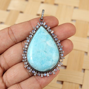 จี้หยดน้ำสีฟ้าเทอร์ควอยส์อัญมณีทรงหลังเบี้ยสีฟ้าธรรมชาติพร้อมสร้อยคอออกซิไดซ์สีเงิน - Product Image 4