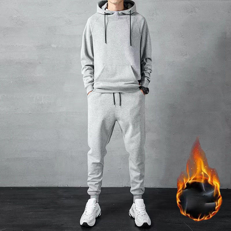 เสื้อสเวตเตอร์มีฮู้ดสีเทา + กางเกงบุฟลีซสีเทา