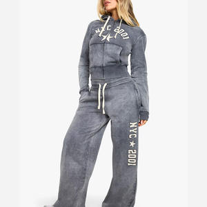 Ensemble de survêtement pour femme en tissu délavé, streetwear vintage, broderie usée, sweat-shirt et pantalon de survêtement en molleton pour femme - Product Image 4