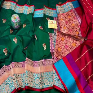 Sari authentique en soie pure Banarasi Katan, tissé à la main, traditionnel, protection solaire, séchage rapide, riche tissage Zari contrasté - Product Image 1