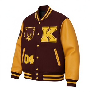 Chaqueta Universitaria de Invierno Personalizada de Alta Calidad, Color Granate, Unisex, de Lana y Cuero, con Mangas de Cuero, Estilo Bomber, con Parche en Relieve y Letras Universitarias - Product Image 2