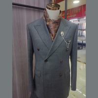 Jas Pria 3 Potong Abu-abu Melange Double Breasted Enam Kancing Kerah Lebar Kancing Tanduk Rompi Jas Bisnis Pria Custom MTM