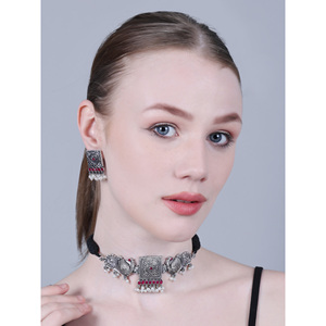 OX 9 Maroon Zircon Square Peacock <b>Choker</b> for Party Occasions - Product Image 3