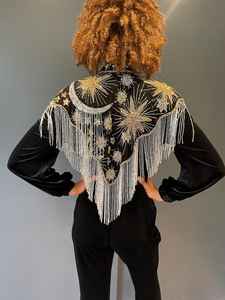 Elegante capa burlesca poliéster con cuentas hebras lentejuelas hermosa silueta recta sujeta cuello festivo Wrap Club ocasiones - Product Image 6