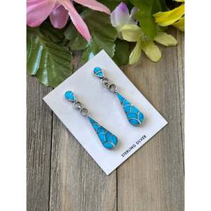 Zuni Handmade Kingman Turquoise Sterling <b>Silver</b> Inlay Drop <b>Dangle</b> Post <b>Earrings</b> - Product Image 3